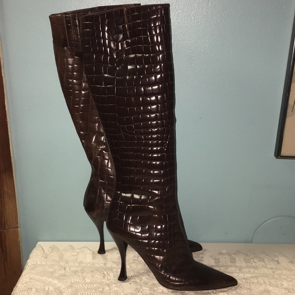 Via Spiga Brown Croco Pattern Knee High Boots